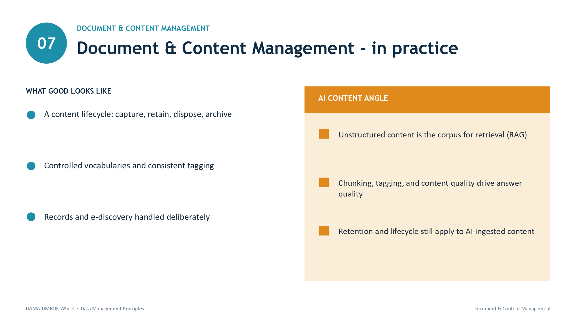 Slide 17: 07 | DOCUMENT & CONTENT MANAGEMENT | Document & Content Management - in practice | WHAT GOOD LOOKS LIKE | A content lifecycle: capture, retain, dispose, archive | Controlled vocabularies and consistent tagging | Records and e-discovery handled deliberately | AI CONTENT ANGLE | Unstructured content is the corpus for retrieval (RAG) | Chunking, tagging, and content quality drive answer quality | Retention and lifecycle still apply to AI-ingested content