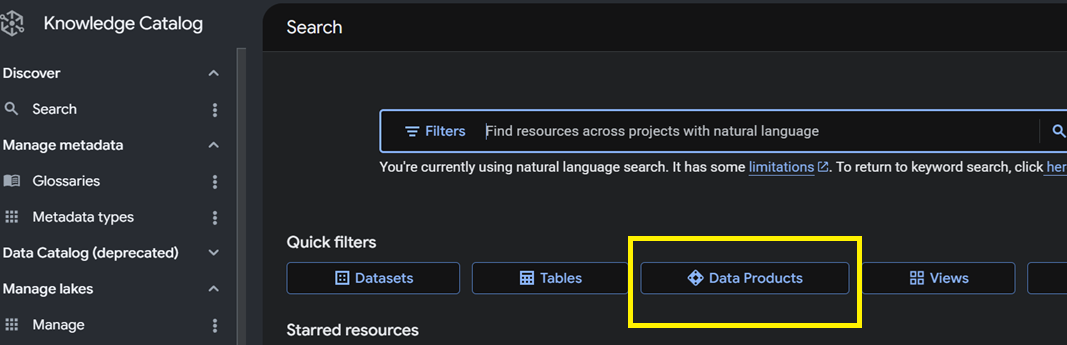 Knowledge Catalog landing with the Data Products quick filter