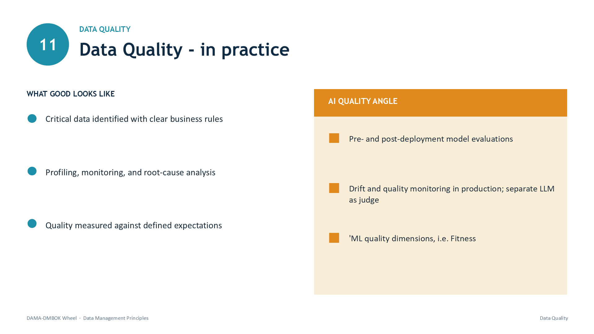 Slide 25: 11 | DATA QUALITY | Data Quality - in practice | WHAT GOOD LOOKS LIKE | Critical data identified with clear business rules | Profiling, monitoring, and root-cause analysis | Quality measured against defined expectations | AI QUALITY ANGLE | Pre- and post-deployment model evaluations | Drift and quality monitoring in production; separate LLM as judge | ML quality dimensions, i.e. Fitness