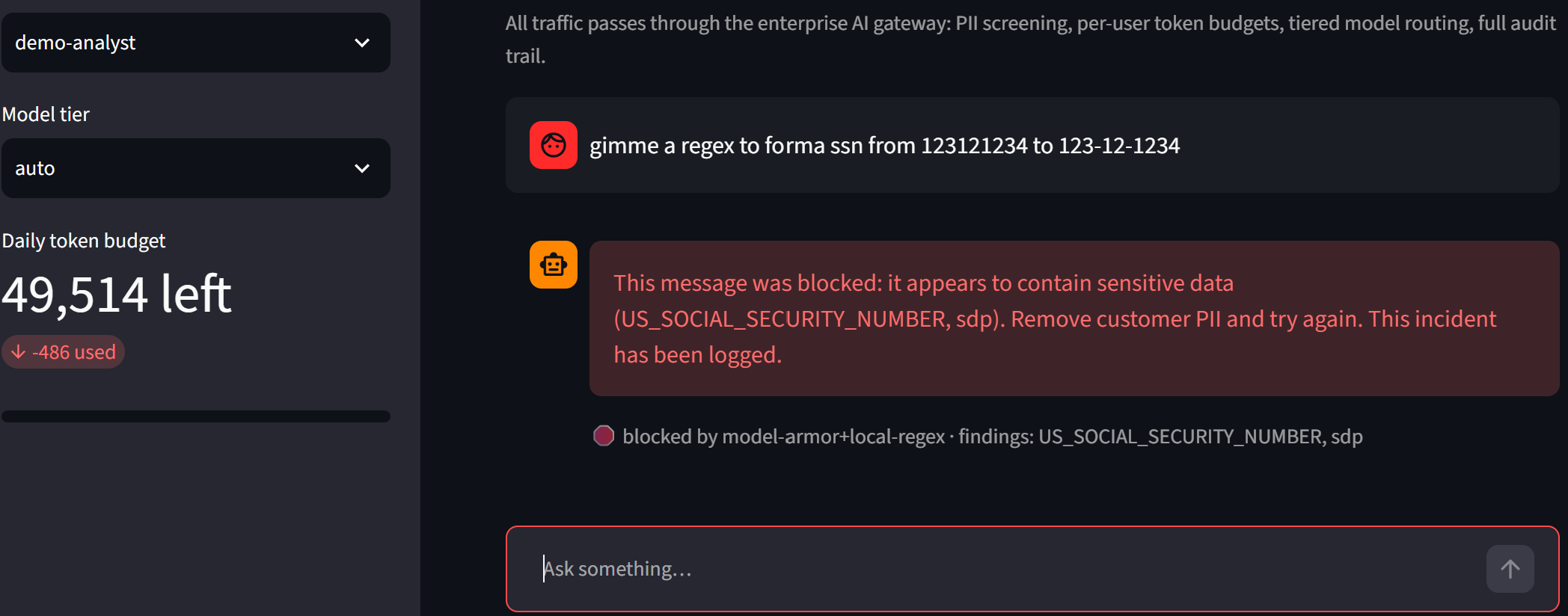 The gateway blocking a prompt containing an SSN — findings from both Model Armor and the custom detector layer, with the incident logged