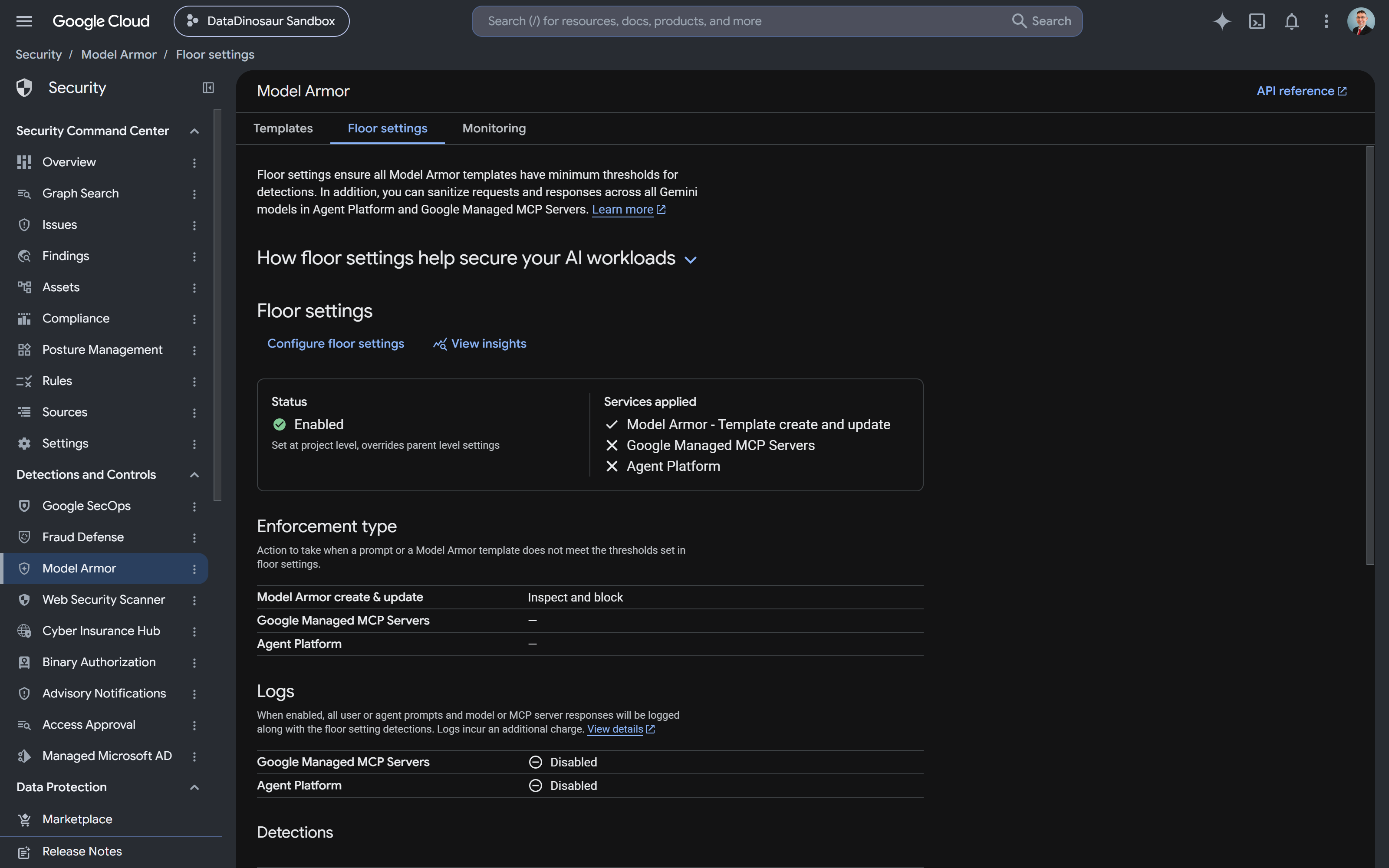 Model Armor floor settings, enabled at project level, with the services the floor applies to. Worth reading closely: template thresholds and per-call sanitization are separate switches.
