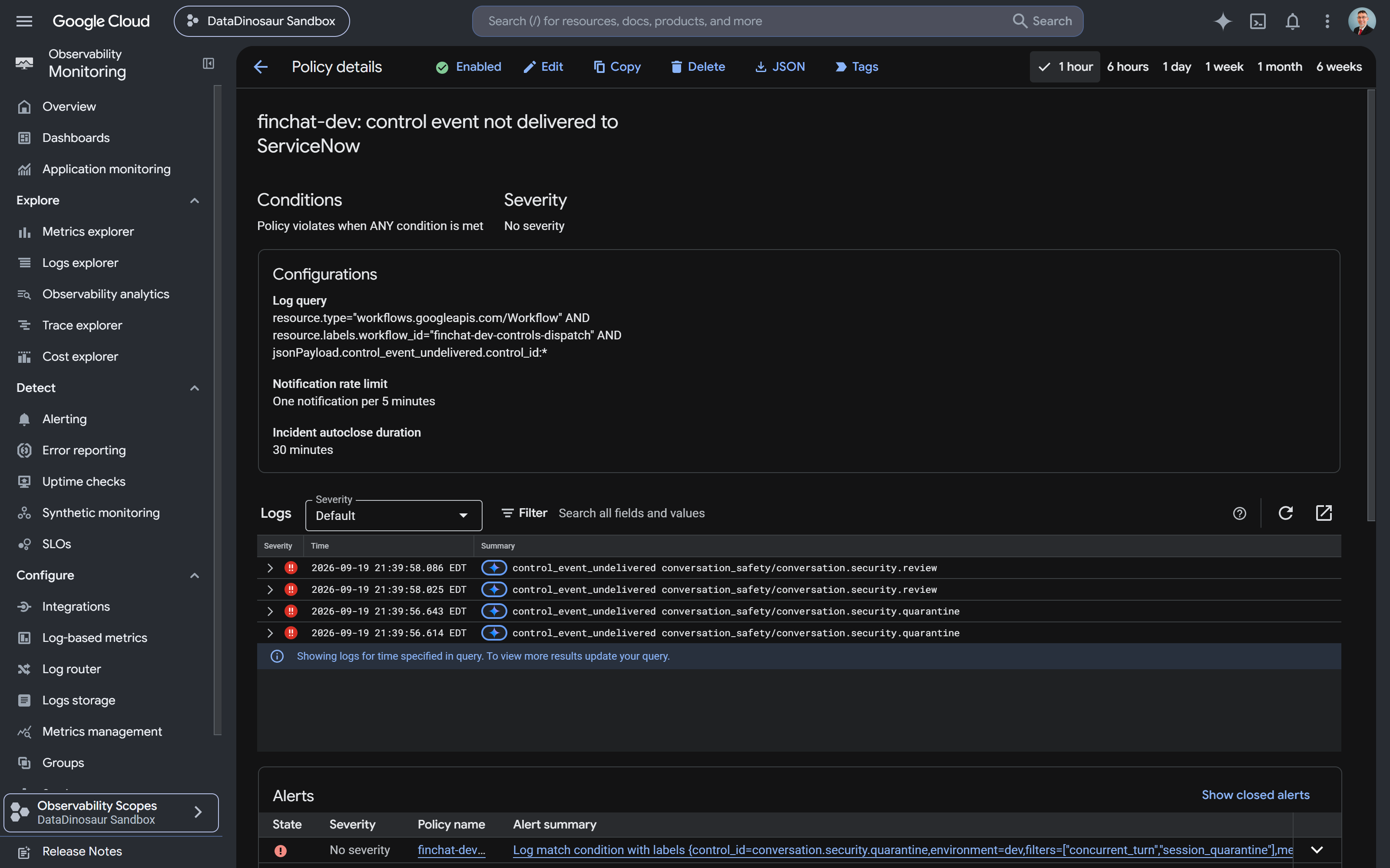 The log-based alert policy that emails when ServiceNow did not take an event.