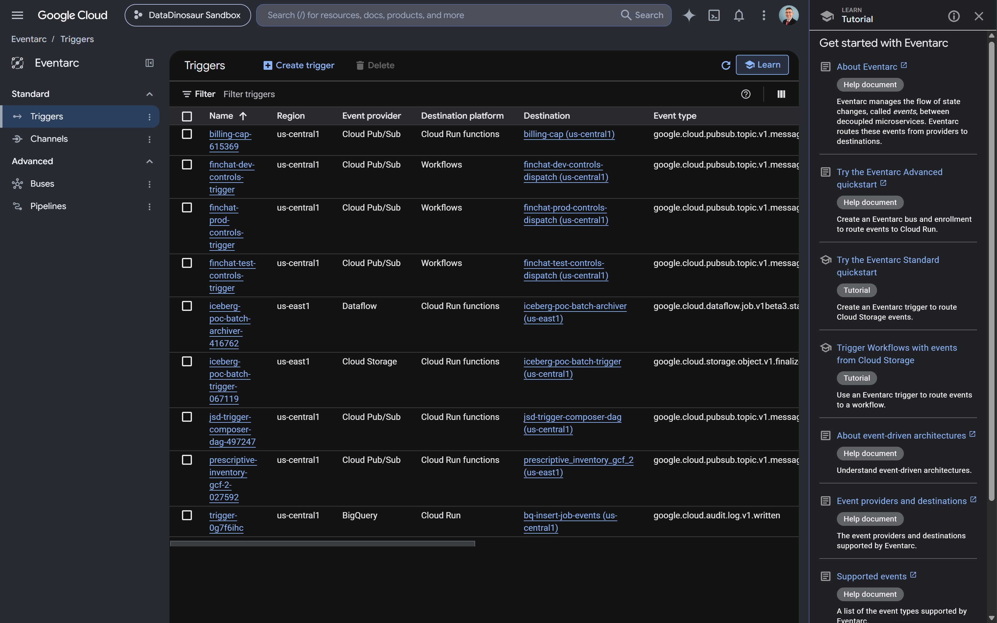 The Eventarc triggers, one per environment, each routing Pub/Sub messages to its own dispatch workflow.