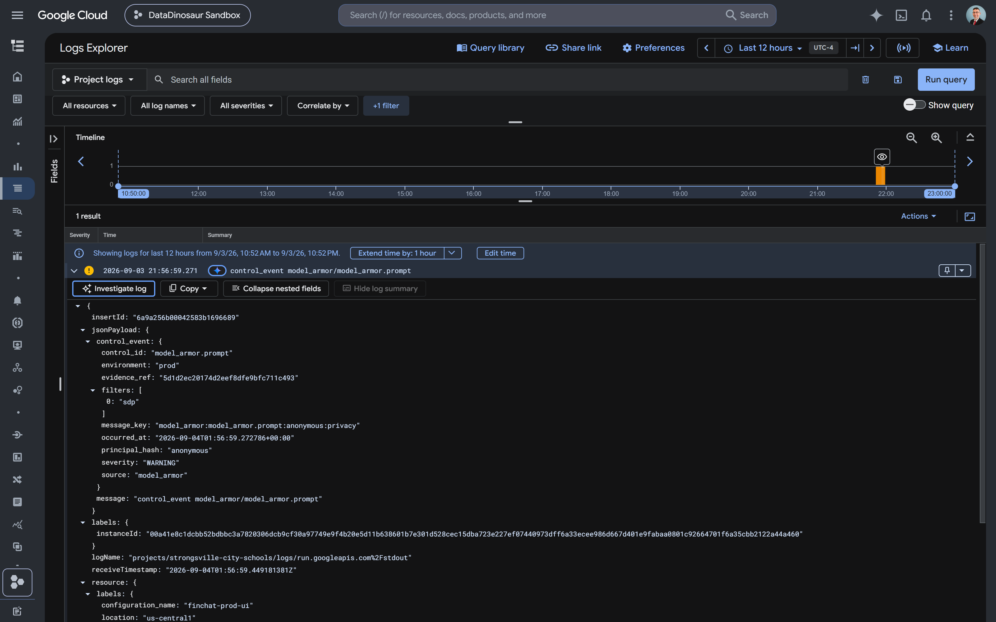 Cloud Logging, the control event as inline fields: environment, detectors, correlation key, principal hash, evidence reference. No prompt text in the entry.