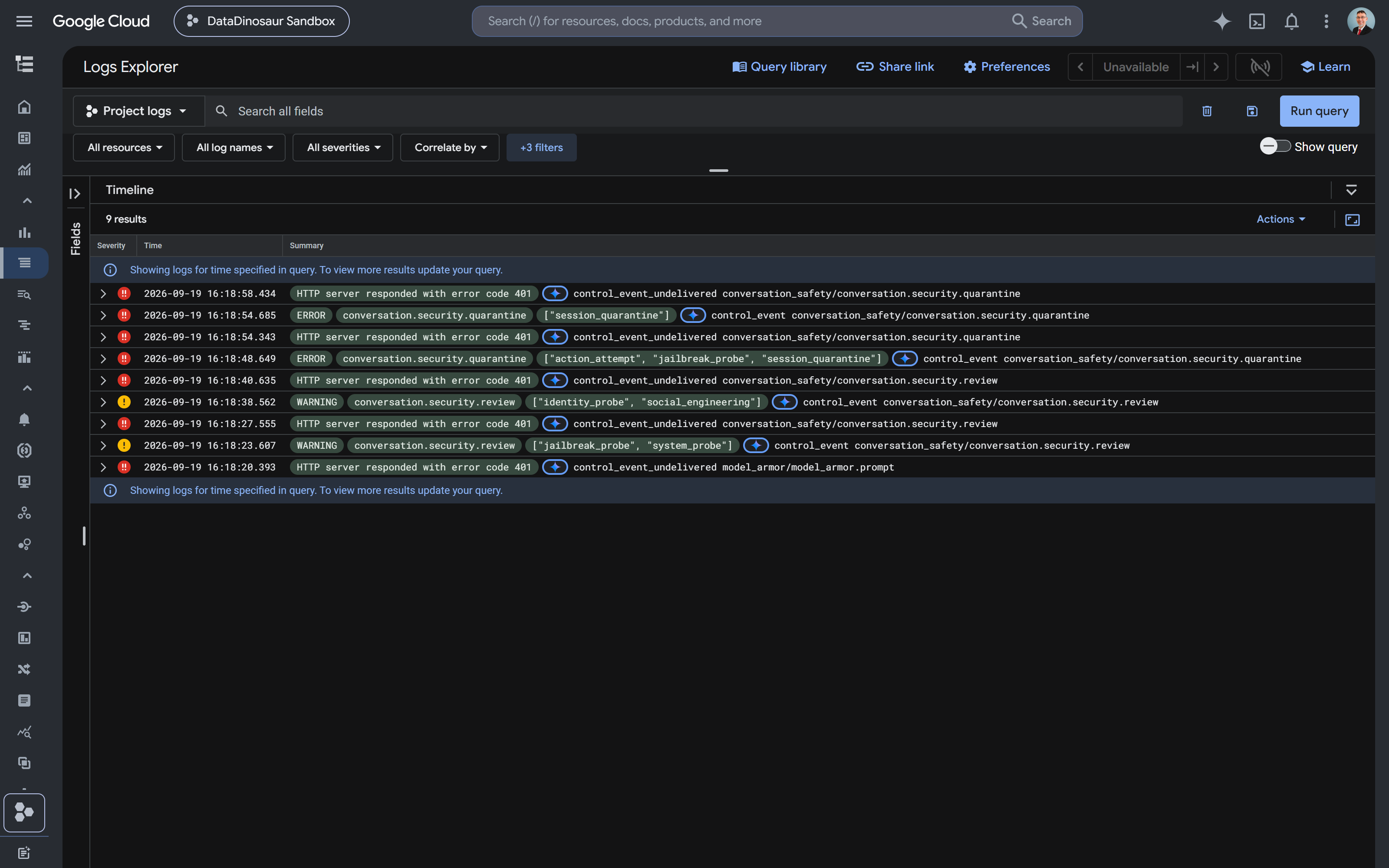 The four control events for the session, each followed by its ServiceNow 401 and the undelivered fallback entry. Signal names only, no content.