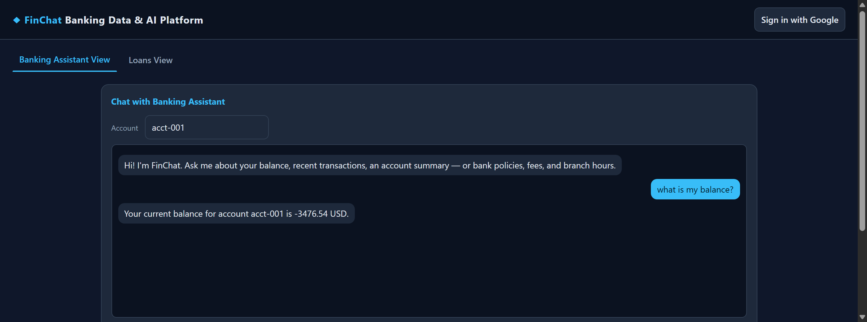 A banking assistant answering an account balance question, grounded in the output of the tool it called