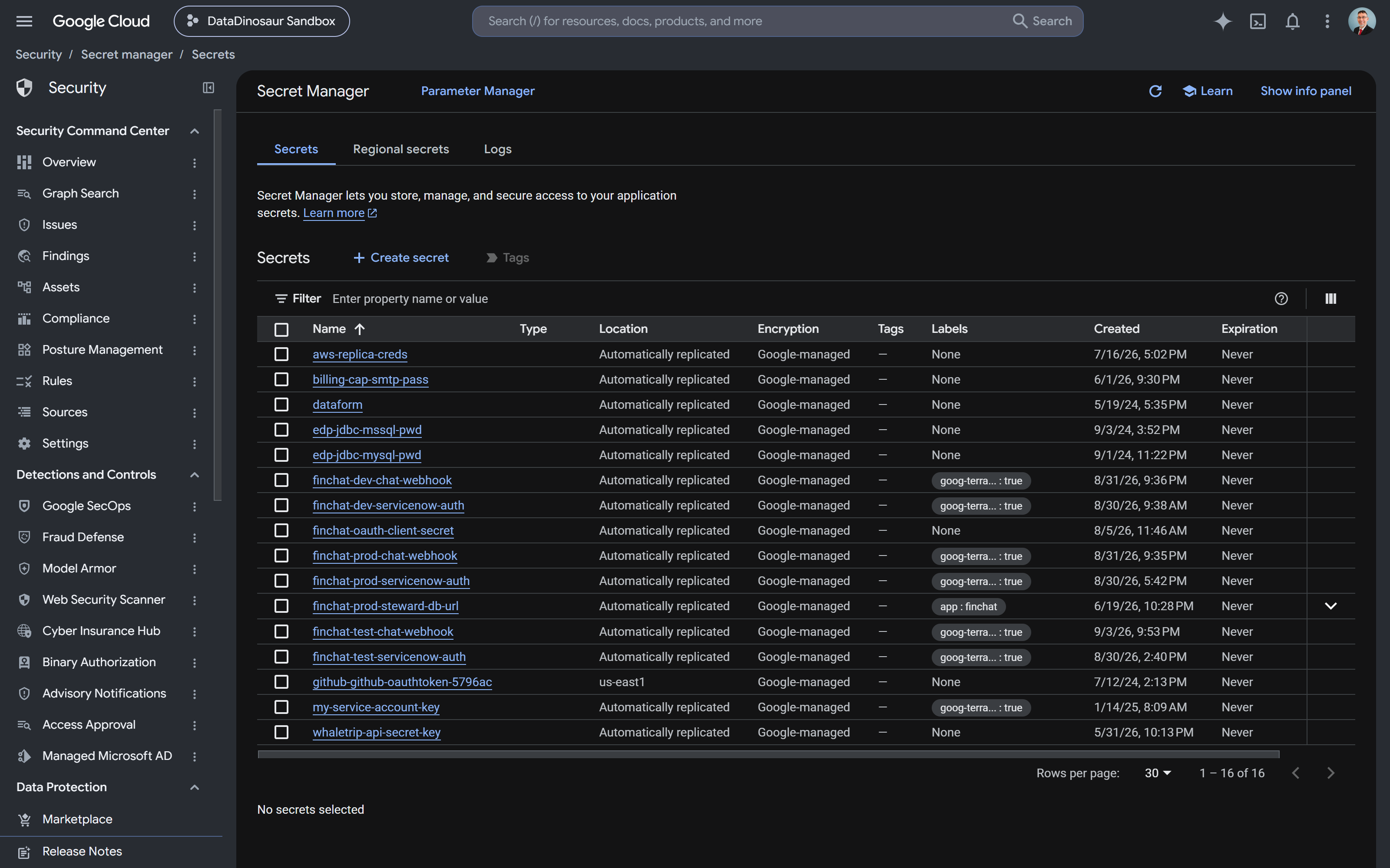 Secret Manager, filtered to the build's secrets: the ServiceNow integration password and the chat webhook URL, per environment.