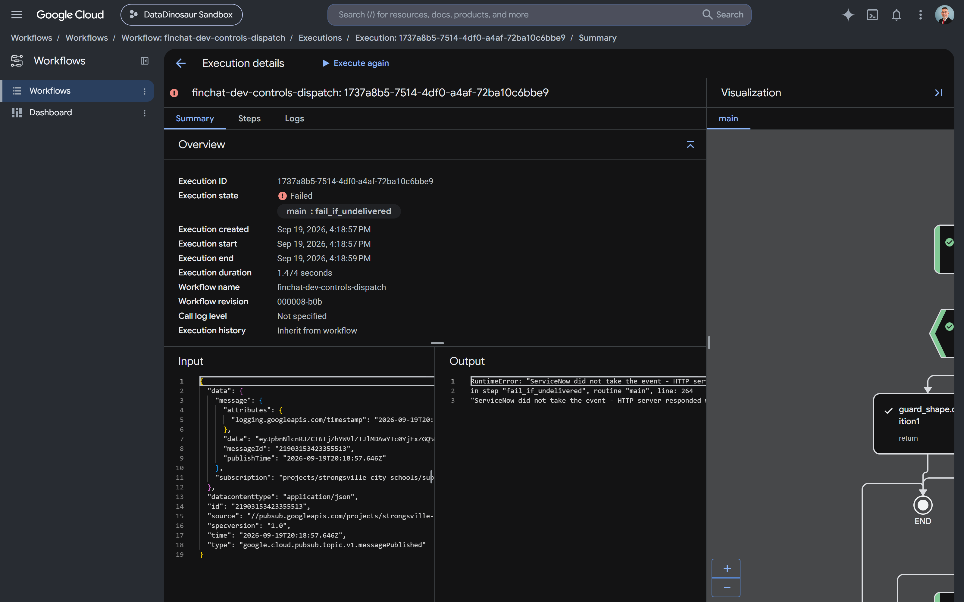 An execution ending FAILED at fail_if_undelivered, after the Chat card and the fallback log ran.
