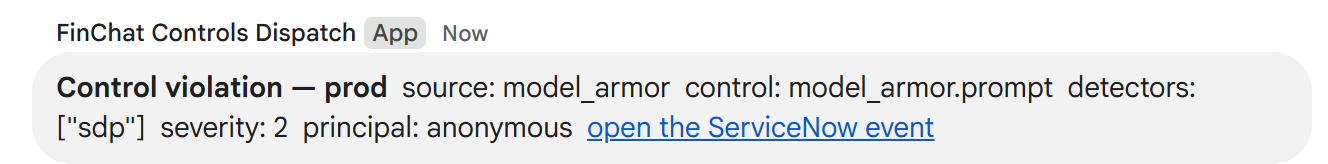 The Google Chat space receiving the same violation in parallel, carrying the same metadata and a link back to the event record.