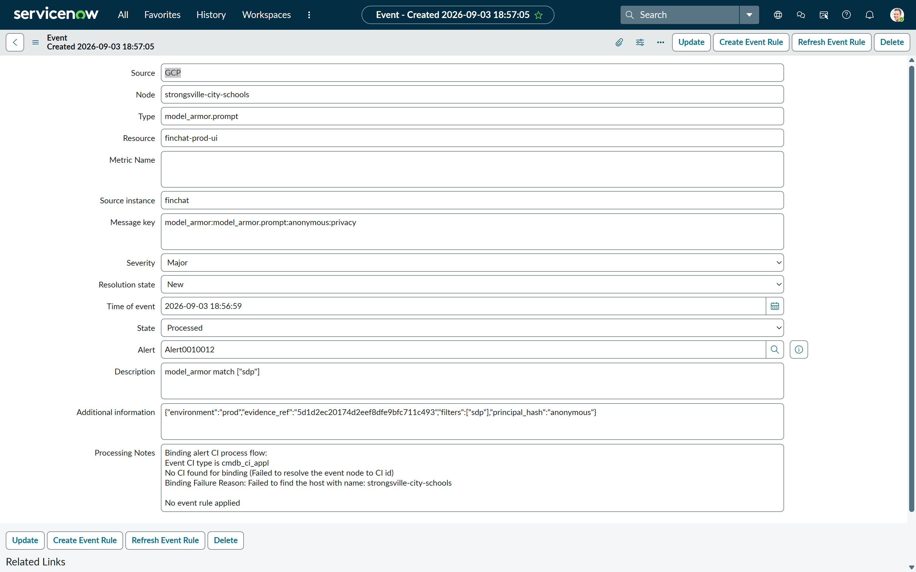 The ServiceNow event record showing additional_info . A prompt containing an SSN produced this record, and the SSN is not in it.